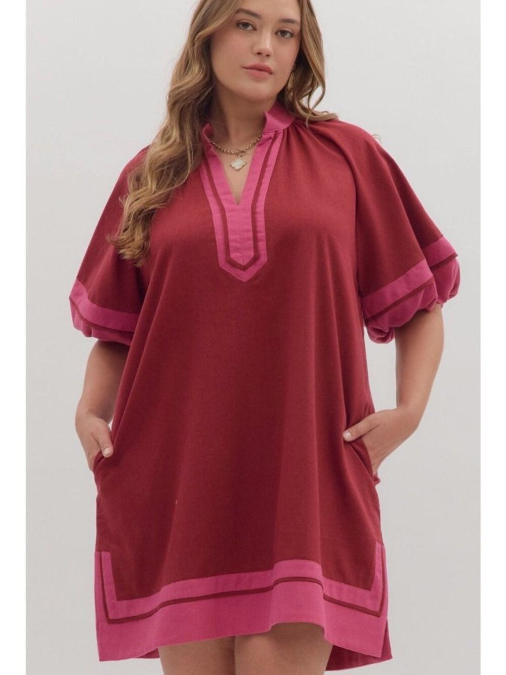 entro Two-Tone Burgundy Mini Dress with Pink Trim